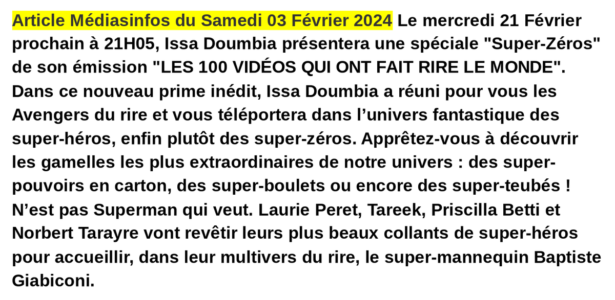 MΓ©dias Infos (@mediasinfos) on Twitter photo Le 21 FΓ©vrier prochain Γ  21H05, #IssaDoumbia prΓ©sentera sur <a href="/W9/">W9</a> une spΓ©ciale "Super-ZΓ©ros" de son Γ©mission #Les100VidΓ©osQuiOntFaitRireLeMondeEntier. Avec notamment <a href="/b_giabiconi/">ππππππππ π²ππππππππ</a> et <a href="/NorbertTarayre/">Norbert Tarayre</a>. Retrouvez notre article ci-dessous. Le 21 FΓ©vrier prochain Γ  21H05, #IssaDoumbia prΓ©sentera sur <a href="/W9/">W9</a> une spΓ©ciale "Super-ZΓ©ros" de son Γ©mission #Les100VidΓ©osQuiOntFaitRireLeMondeEntier. Avec notamment <a href="/b_giabiconi/">ππππππππ π²ππππππππ</a> et <a href="/NorbertTarayre/">Norbert Tarayre</a>. Retrouvez notre article ci-dessous.