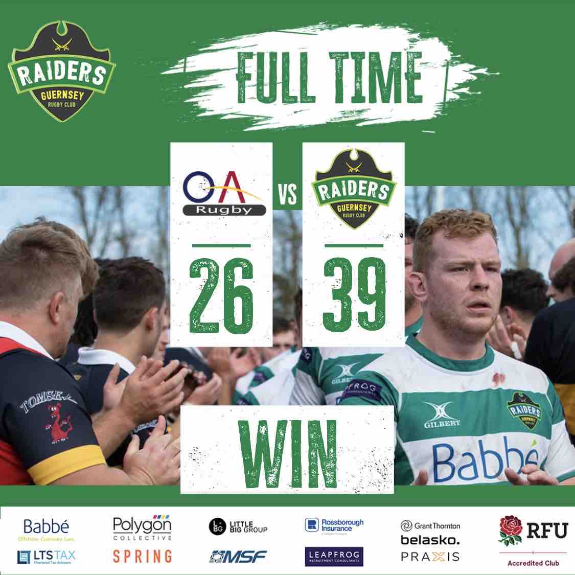 guernseyraiders's tweet photo. Full time, and it’s another win for the Raiders! 🏆

Old Albanian 26-39 Guernsey Raiders. 

Let’s go Raiders 🟢⚪️ https://t.co/aQKC9tAwas