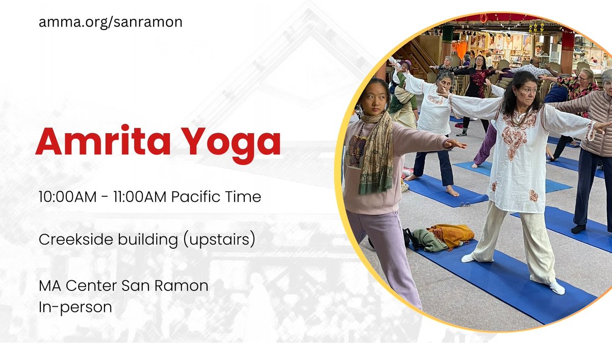 MAcenterSR's tweet photo. Amrita Yoga Class: In-person
Feb 3, 2024 10:00am-11:00am
Location: Creekside Building (upstairs room) at MA Center San Ramon.

Join us for an open yoga class with simple, gentle Amrita Yoga postures/asanas. No prior yoga experience or Amrita Yoga training necessary. https://t.co/dRoXVHuGdK