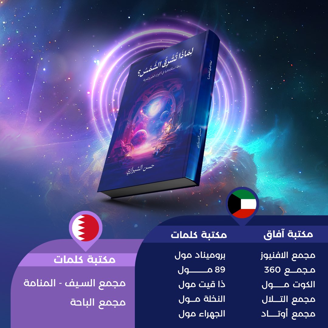 كتاب "لماذا تشرق الشمس؟" أصبح متاح الآن في جميع أفرع مكتبات <a href="/AafaqBookstore/">مكتبة آفــاق</a> و <a href="/dar_kalemat/">مكتبة كلمات</a> في الكويت والبحرين.