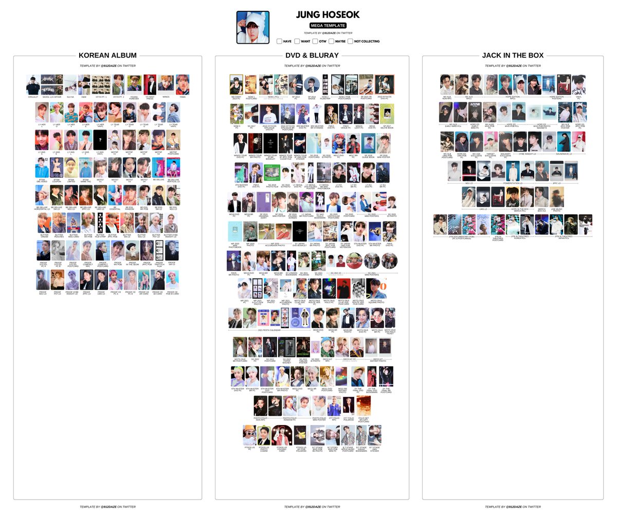 912daze's tweet photo. BTS PC PHOTOCARD WISHLIST WL TEMPLATES✨

[NEW]
⭐️ MEGA Templates (Refreshed Ver.)

Bringing back the 3-column template that combines Korean Album, DVD & Bluray and Solo Album things!

HYUNG LINE
✅ RM
✅ JIN
✅ SUGA
✅ J-HOPE

🤍 방탄 포카 드볼표
🤍 防彈少年團 小卡 合集
🤍 ばんたん トレカ 覧表