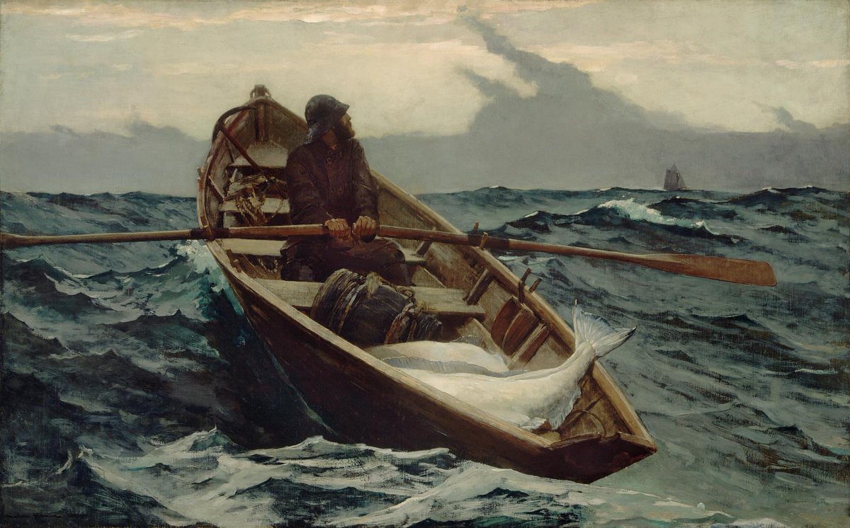 ln 1882, #WinslowHomer settled in Prout’s Neck, Maine, both a fishing community and a summer resort, where he painted the local population and their work. 'The Fog Warning' is one of three paintings he produced in 1885 describing the lives of the North Atlantic fishermen.