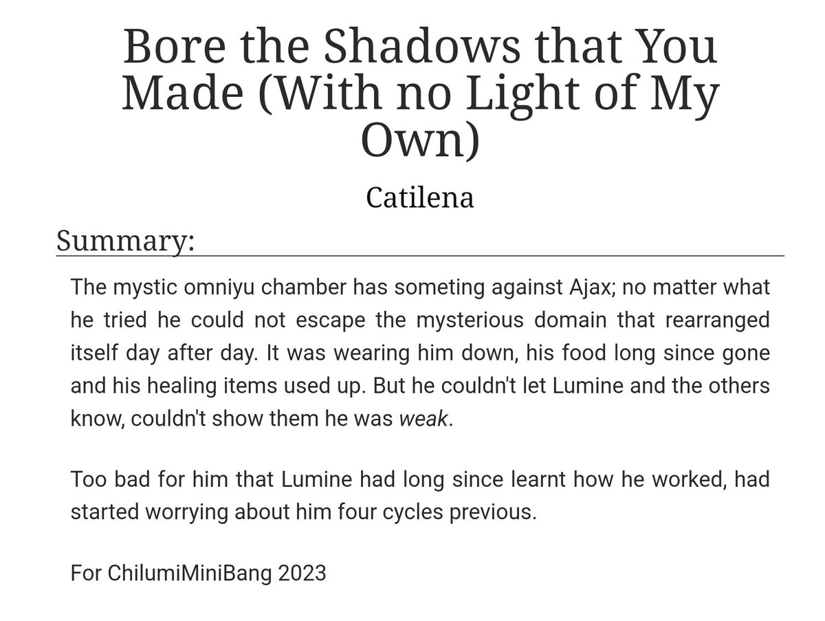 Catilenas's tweet photo. Exciting times!

I wrote a little hurt/comfort fic for #ChilumiMinibang, and it's got art by @Kinphyre &amp; and @catwithph0ne accompanying it!

You can find everything linked below ⬇️ https://t.co/fQM1KQ1rCF