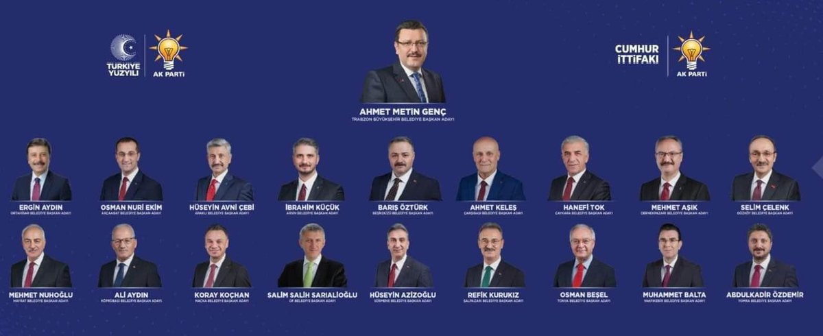 31 Mart 2024 Mahalli İdareler Seçiminde Cumhur İttifakı Trabzon il ve İlçe Belediye Başkan Adayı olarak gösterilen arkadaşlarımızı tebrik ediyor, şehrimize ve milletimize hayırlı uğurlu olsun.
