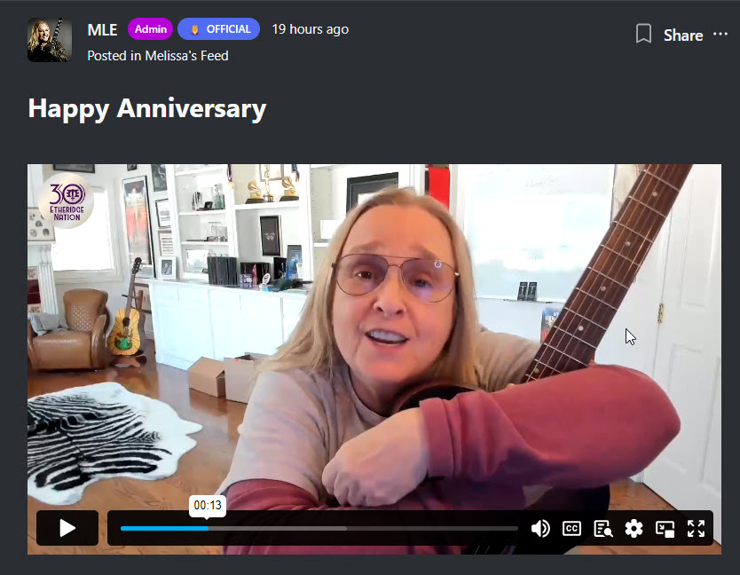 This year we are celebrating 30 years of Melissa Etheridge's fan club! @Metheridge dropped by to wish us a happy anniversay! Pop into the community to see and hear what Melissa had to say! etheridgenation.melissaetheridge.com/home #MelissaEtheridge #EtheridgeNation #MEIN #HappyAnniversary