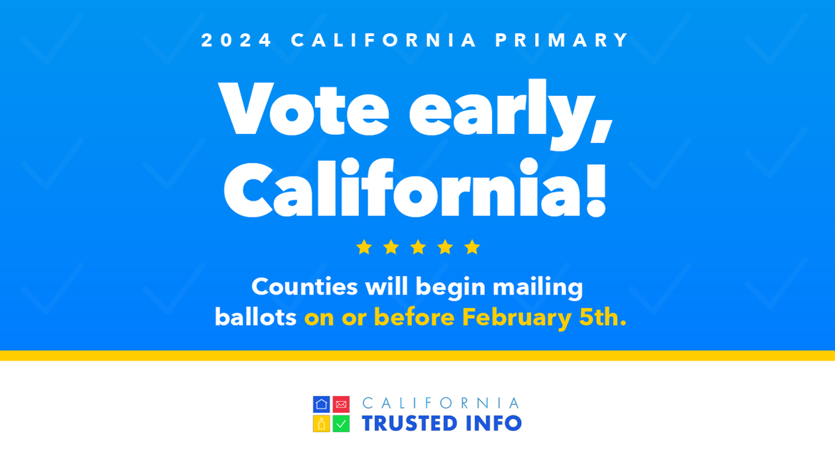 Are you ready to vote early? Verify your voter status at VoterStatus.sos.ca.gov and make sure nothing stands between you and receiving your ballot. Counties will begin mailing ballots no later than February 5th!

#CATrustedInfo2024