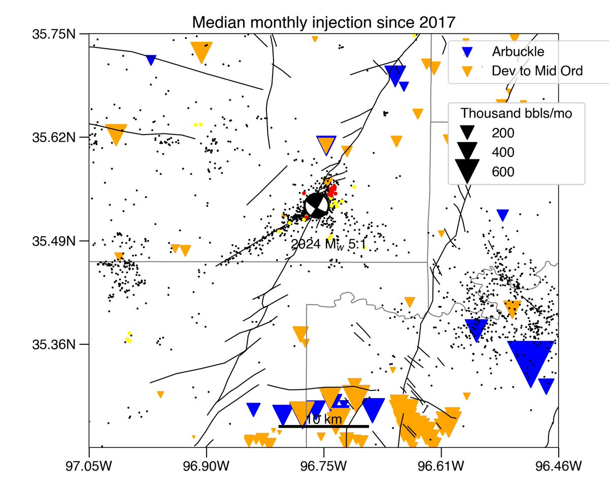 We observed a M5.1 last night with a focal mechanism orientation aligned with the Wilzetta fault. There is some injection nearby and we continue to monitor the seismicity. If you did feel that event, please record your observations: earthquake.usgs.gov/earthquakes/ev… (1/3)