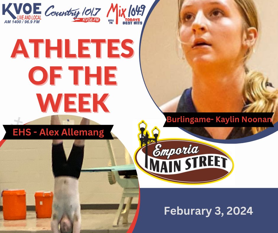 Congratulations to our <a href="/ETownMainStreet/">Emporia Main Street</a> Athletes of the Week for February 3rd.

<a href="/EhighAthletics/">Emporia High Athletics</a> - Alex Allemang, @SpartanSwimEHS 
Area - Kaylin Noonan, <a href="/BGAME_Bearcats/">Burlingame Bearcats</a>  girls basketball