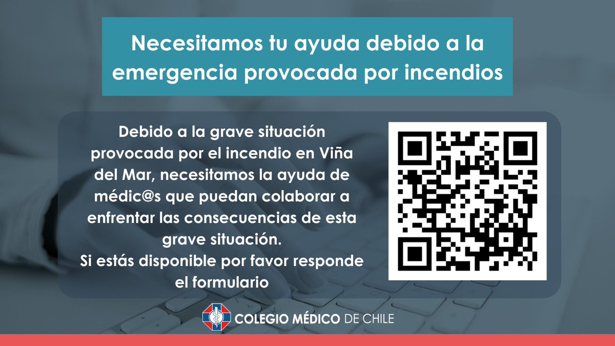 ¡Atención!
Te necesitamos para ayudar con las personas afectadas por los incendios forestales.
Si eres médico/a y puedes colaborar, llena el siguiente formulario
➡️forms.gle/ESRsczteaM76mJ…
Esta acción se desarrollará en coordinación con Consejos Regionales del Colegio Médico,