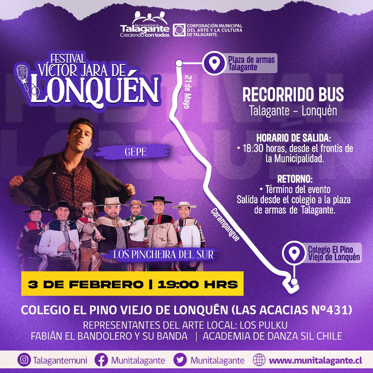 Todo listo para la trigésimo séptima versión del tradicional Festival Víctor Jara de Lonquén! Los esperamos hoy a partir 19:30 hrs en Colegio el Pino Viejo de Lonquén, para disfrutar de la música local con Fabián el Bandolero y su Banda, Los Pulkus, Gepe y Los Pincheira del Sur!.