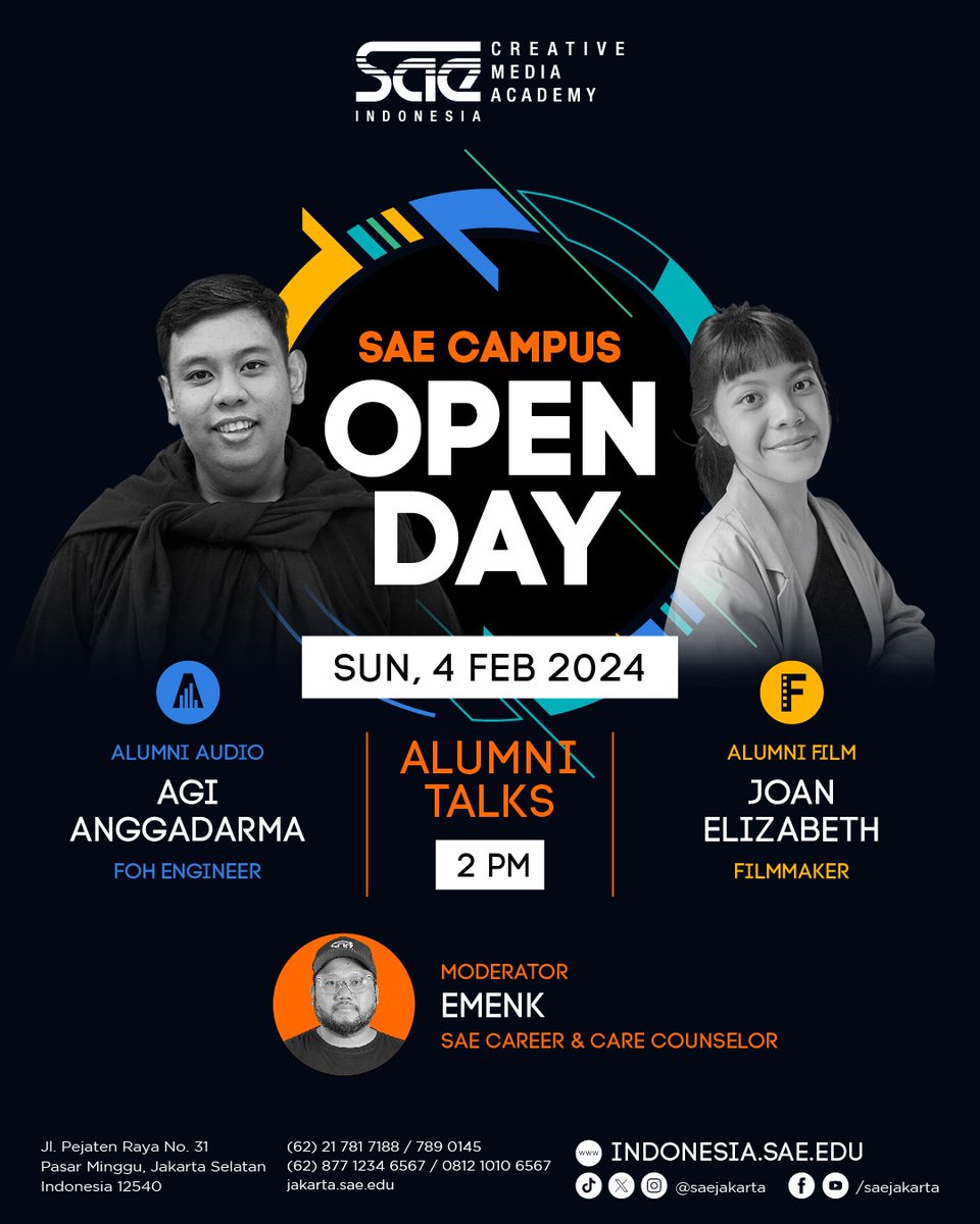 Jangan sampe skip nih guys buat dateng ke SAE Campus Open Day ya!

Cuma besok kamu bisa dapetin ilmu sekaligus networking secara Free!

🗓️Minggu, 4 Feb 2024
🕡 13:00-17:00 WIB
📍Kampus SAE Indonesia, Jalan Pejaten Raya No.31, Jakarta Selatan
