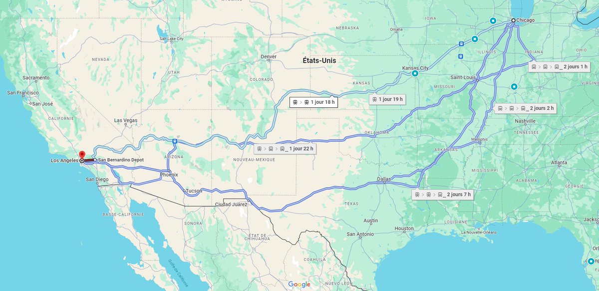 patrick_bertaux's tweet image. 🇺🇸 Train USA - Longue distance 
🚆 De #Union_Station_Chicago (Illinois) à #Los_Angeles (Californie) 
➡️ Il y à environ 31 arrêts 
⏳ Durée de la vidéo : 1h29 - Le trajet réel dure 43 heures 
🔍 Les principaux arrêts : 
- Chicago 
- Galesburg (VR)*
- Fort Madison (VR)
- Kansas