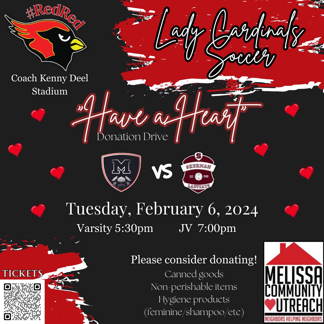 melissahssoccer's tweet photo. Next home game is Tuesday, 2/6! Cheer on your Lady Cards &amp; participate in our donation drive benefiting Melissa Community Outreach (MCO)!
Please consider donating to ensure our community pantry stays full! https://t.co/3NLbxe6ilq