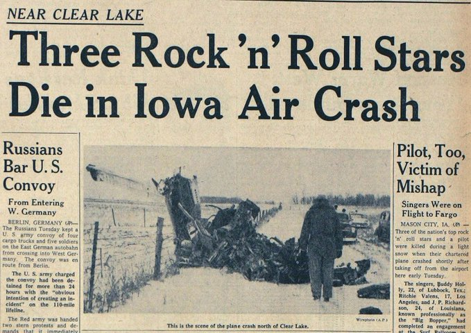 On this day, 65 years ago... Buddy Holly, Richie Valens, The Big Bopper, and their pilot Roger Peterson, lost their lives in a plane crash. #TheDayTheMusicDied 💔😢#RockandRollHistory