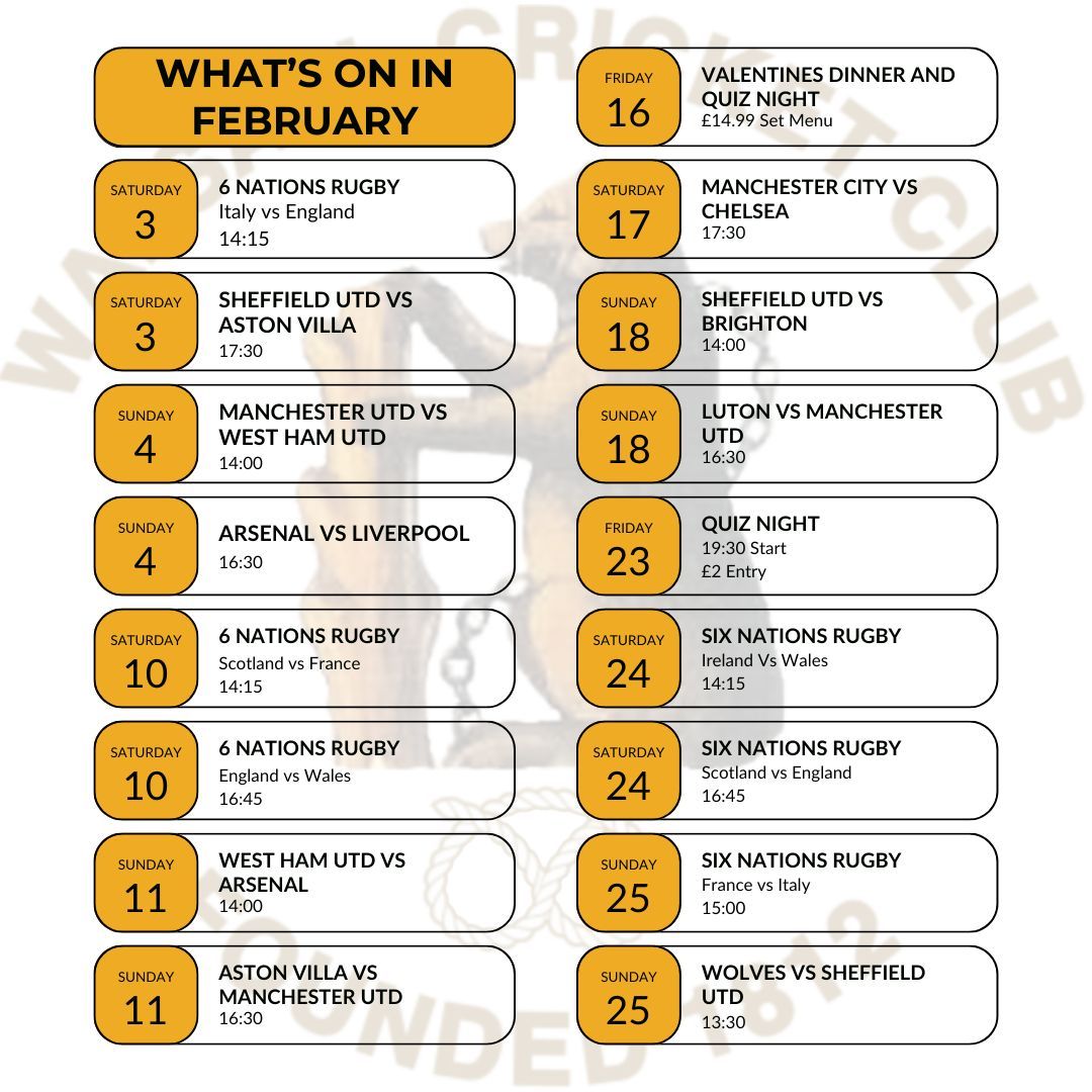 🏏 WHAT'S ON IN FEBRUARY 🏏
We are showing lots of exciting sports fixtures this month, as well as holding a Valentines evening and Quiz Night 📝 to take part in! 
Look forward to seeing you throughout February!