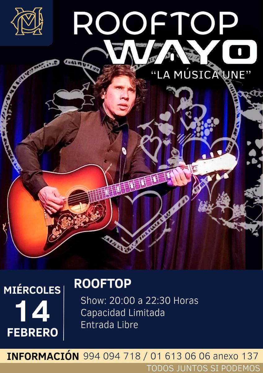 💘 WAYO: LA MÚSICA UNE: 
Miérc 14 de feb (8pm)*Rooftop del Club Social Miraflores* [Malecon de la Reserva 535 Miraflores]. Ingreso libre (Capacidad limitada). 
La música une!
#ClubSocialMiraflores
#14febrero #acústico #Miraflores  #Rooftop #Wayo #Lima 
#LaMúsicaUne
