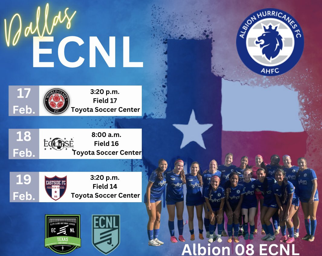We are 2 weeks away from competing at the ECNL Dallas Showcase in Frisco, TX. Coaches, please see our schedule below. We hope to see you on our sidelines!