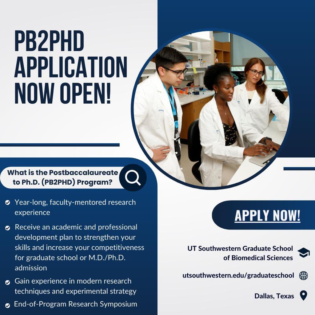 Dr. Arnaldo Díaz (@adiaz_phd) on Twitter photo 📢 <a href="/UTSWGradSchool/">UTSW Graduate School of Biomedical Sciences</a> welcomes applications for the Postbaccalaureate to Ph.D. Program (PB2PHD).
To learn more about PB2PHD, eligibility criteria, & the application process, visit us at utsouthwestern.edu/education/grad…
@UTSWNews <a href="/CRI_UTSW/">Children’s Research Institute at UT Southwestern</a> <a href="/TambarLab/">TambarLab</a> <a href="/JaviGBermudez/">Javier Garcia-Bermudez</a> <a href="/Sorrell_Lab/">Sorrell Lab</a> <a href="/RussDeBo/">Russell DeBose-Boyd</a> 📢 <a href="/UTSWGradSchool/">UTSW Graduate School of Biomedical Sciences</a> welcomes applications for the Postbaccalaureate to Ph.D. Program (PB2PHD).
To learn more about PB2PHD, eligibility criteria, & the application process, visit us at utsouthwestern.edu/education/grad…
@UTSWNews <a href="/CRI_UTSW/">Children’s Research Institute at UT Southwestern</a> <a href="/TambarLab/">TambarLab</a> <a href="/JaviGBermudez/">Javier Garcia-Bermudez</a> <a href="/Sorrell_Lab/">Sorrell Lab</a> <a href="/RussDeBo/">Russell DeBose-Boyd</a>