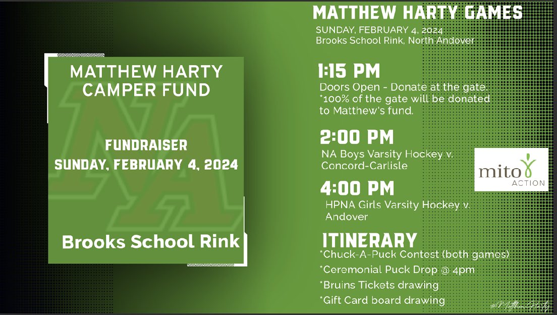 Very special game tomorrow. The annual Mathew Harty Camper Fund games. Come show your support at Brooks School!🟩⚫️