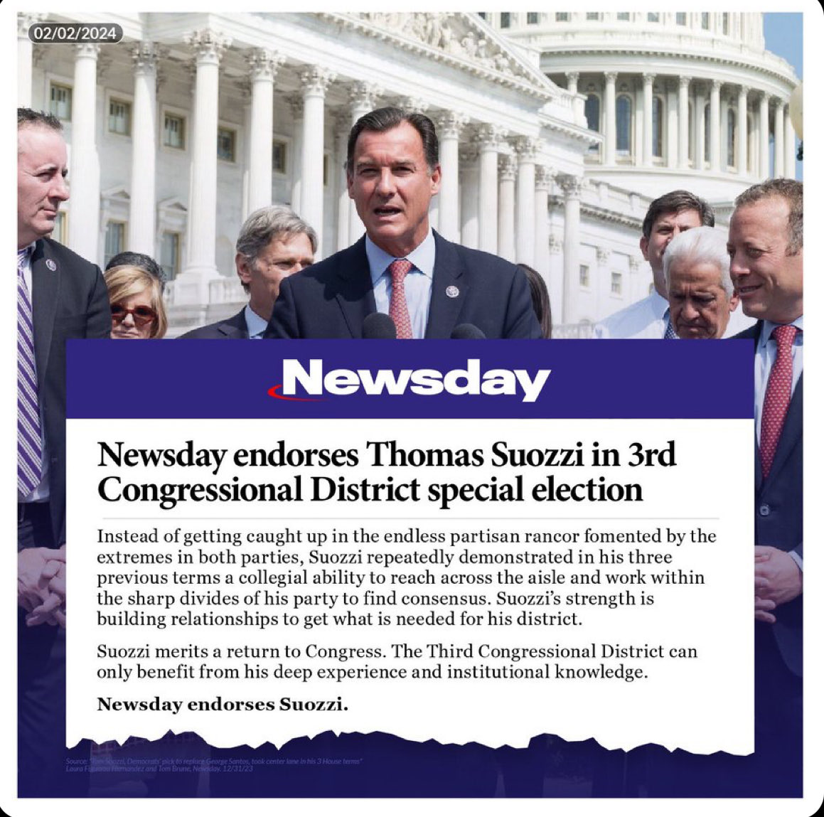 “Newsday's Resounding Endorsement: Tom Suozzi Triumphs Over Madi Phillips!”

Newsday strongly endorses Tom Suozzi over Madi Phillips, citing his proven track record and steadfast commitment to the community.

#WeAreBlue1, #DemVoice1, #ILoveJoe, and #FreshStrong