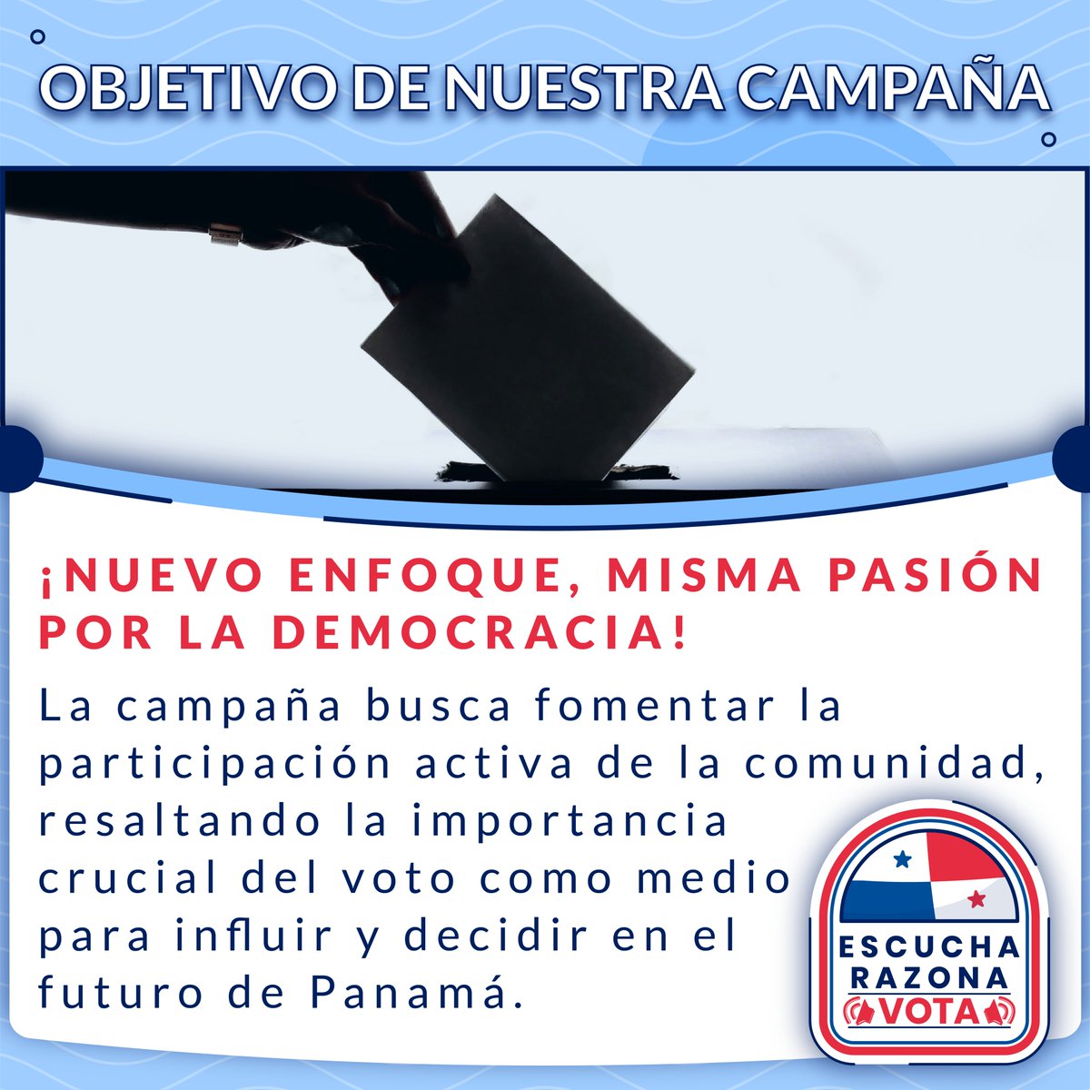 Nos inspira la importancia de tu participación activa, y queremos destacar el poder que tienes en tus manos: ¡tu voto! 🇵🇦✅ Escuchar, reflexionar y votar son pasos clave para moldear el futuro de nuestro país. #EscuchaRazonaVota #UnPanamáQueDebate #UnPanamáQueVota