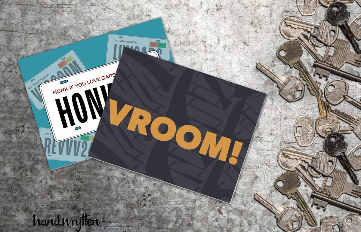 Handwrytten's tweet image. Just in time for NADA. Shift into high gear with our newest automotive-themed cards! Whether it's a 'VROOM' or a 'Honk If You Love Cars,' we've crafted the perfect card for every car enthusiast. 💌 

#Handwrytten #AutoLove #NewCards #RevItUp