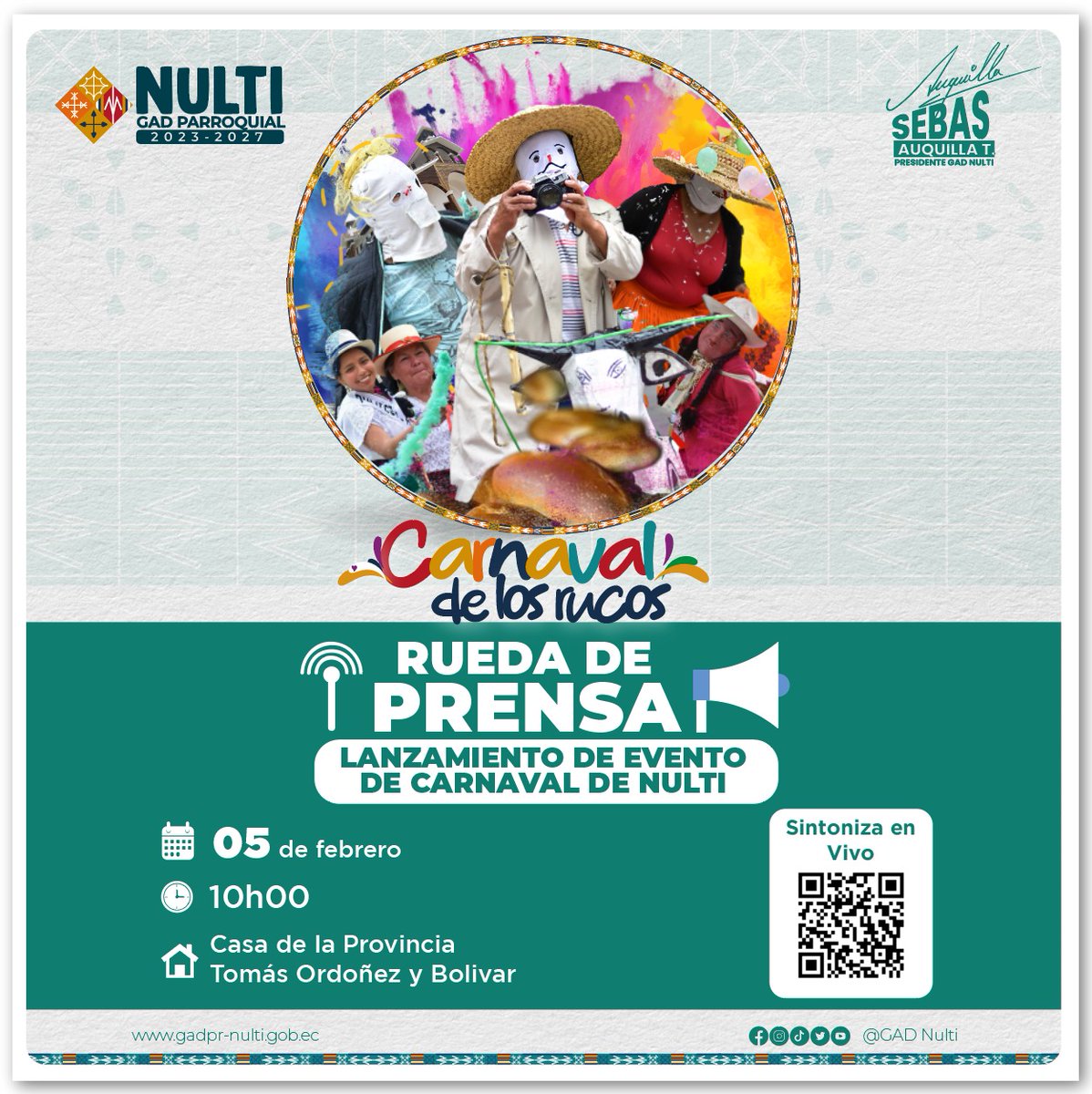 🎙️📅 ¡Te invitamos a la Rueda de Prensa! Este lunes 5 de febrero en la Casa de la Provincia del Azuay, daremos a conocer todas las emocionantes actividades planificadas para el "Carnaval de los Rucos". #RuedaDePrensa #CarnavalDeLosRucos <a href="/SebasAuquillaT1/">Sebastián Auquilla Tenesca</a>