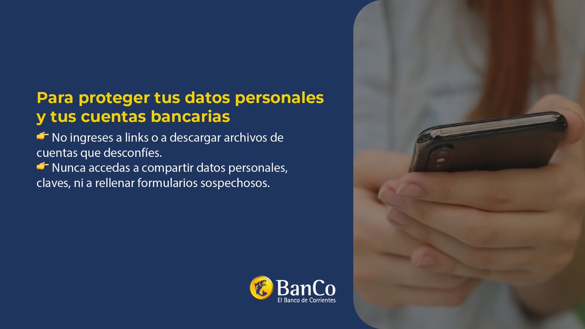 BancodeCtes's tweet image. Compartí estos consejos de seguridad con tus familiares, amigos y conocidos. ¡Cuidemosnos para no caer en estafas! 👤❌
⚠️Recordá que podes comunicarte con nosotros, todos los días, de 7 a 18 hs. 📲 0800-1111-0160