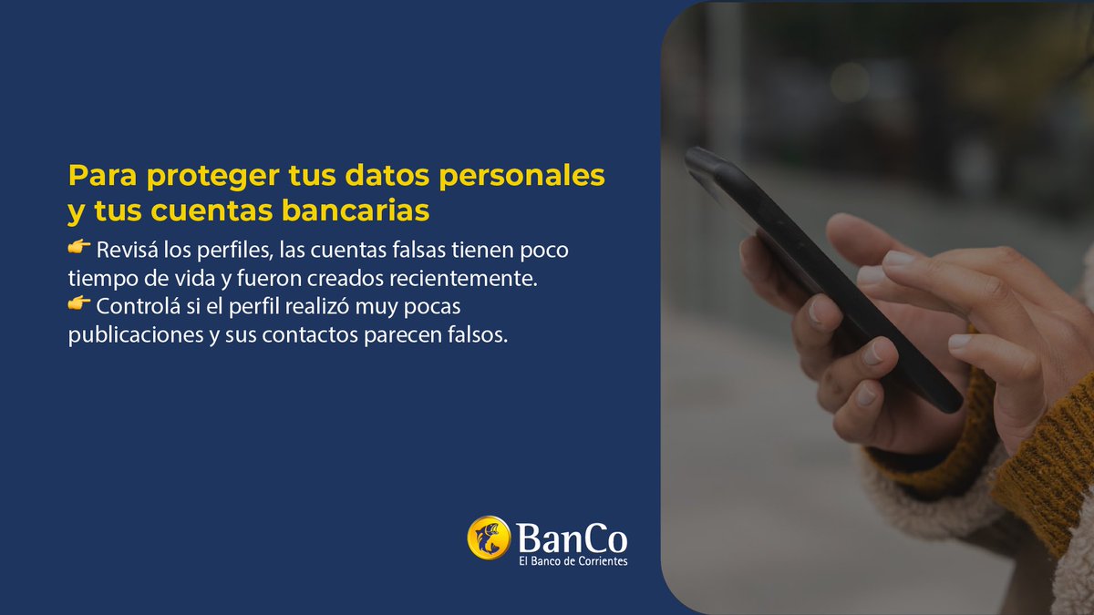 BancodeCtes's tweet image. Compartí estos consejos de seguridad con tus familiares, amigos y conocidos. ¡Cuidemosnos para no caer en estafas! 👤❌
⚠️Recordá que podes comunicarte con nosotros, todos los días, de 7 a 18 hs. 📲 0800-1111-0160