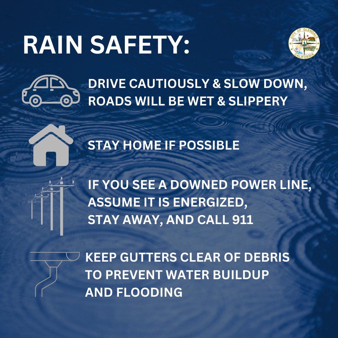 MyGlendale's tweet photo. We are expecting heavy rain over the next couple of days! Here are some ways to prepare and remain cautious 🙌🏻 

#rain #heavyrain #storm #myglendale #glendale #nextdays #coming #california #warning #staysafe #safety #important #information https://t.co/IcmwVhJso4