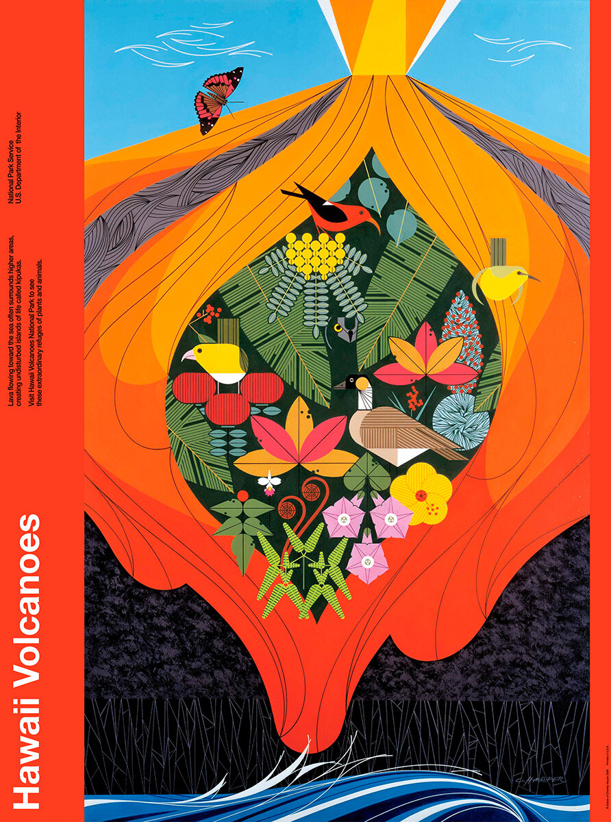 Graphics artist Charley Harper's striking poster for @Volcanoes_NPS, depicting #lava flowing around a kīpuka in his distinctive 'minimal realism' style. #Hawaii #volcano charleyharperartstudio.com/artwork/poster…