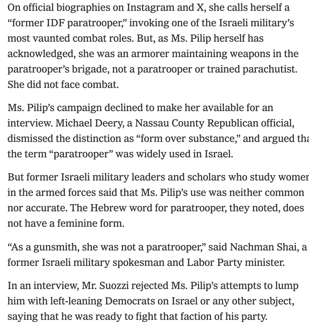 Nicholas Fandos (@npfandos) on Twitter photo Lots more here, including details on how Pilip has, at times, misrepresented her role in the I.D.F.
“As a gunsmith, she was not a paratrooper,” said Nachman Shai, a former Israeli military spokesman and Labor Party minister. Lots more here, including details on how Pilip has, at times, misrepresented her role in the I.D.F.
“As a gunsmith, she was not a paratrooper,” said Nachman Shai, a former Israeli military spokesman and Labor Party minister.