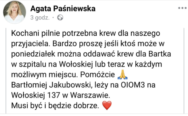 PiotrMiesnik's tweet photo. 🚨Dziennikarz Bartek Jakubowski "Jakobs", ojciec, ochotniczy strażak i pasjonat kolarstwa został w piątek potrącony na Wilanowie i pilnie potrzebuje krwi (szczegóły na zdjęciu nr 2).
🚨Bliscy szukają również świadków. O wypadku pisał SE: https://t.co/nQZPavBtW1
🚨Prośba o RT https://t.co/xpeBuJEnn3