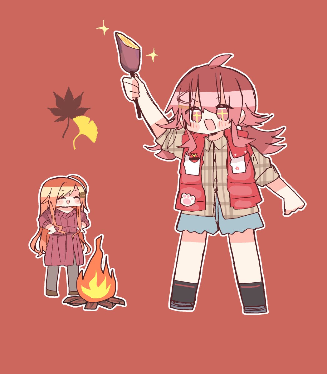 arisugawa natsuha ,komiya kaho multiple girls 2girls fire red hair red background plaid shirt long hair  illustration images