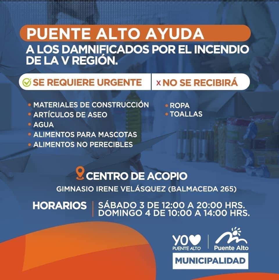 Nos unimos para ir en ayuda de nuestros compatriotas que están sufriendo con los terribles incendios forestales en la V Región. Tenemos habilitado nuestro centro de acopio para que vecinas y vecinos puedan acercarse a aportar. ¡Puente Alto es ejemplo de solidaridad❤️!