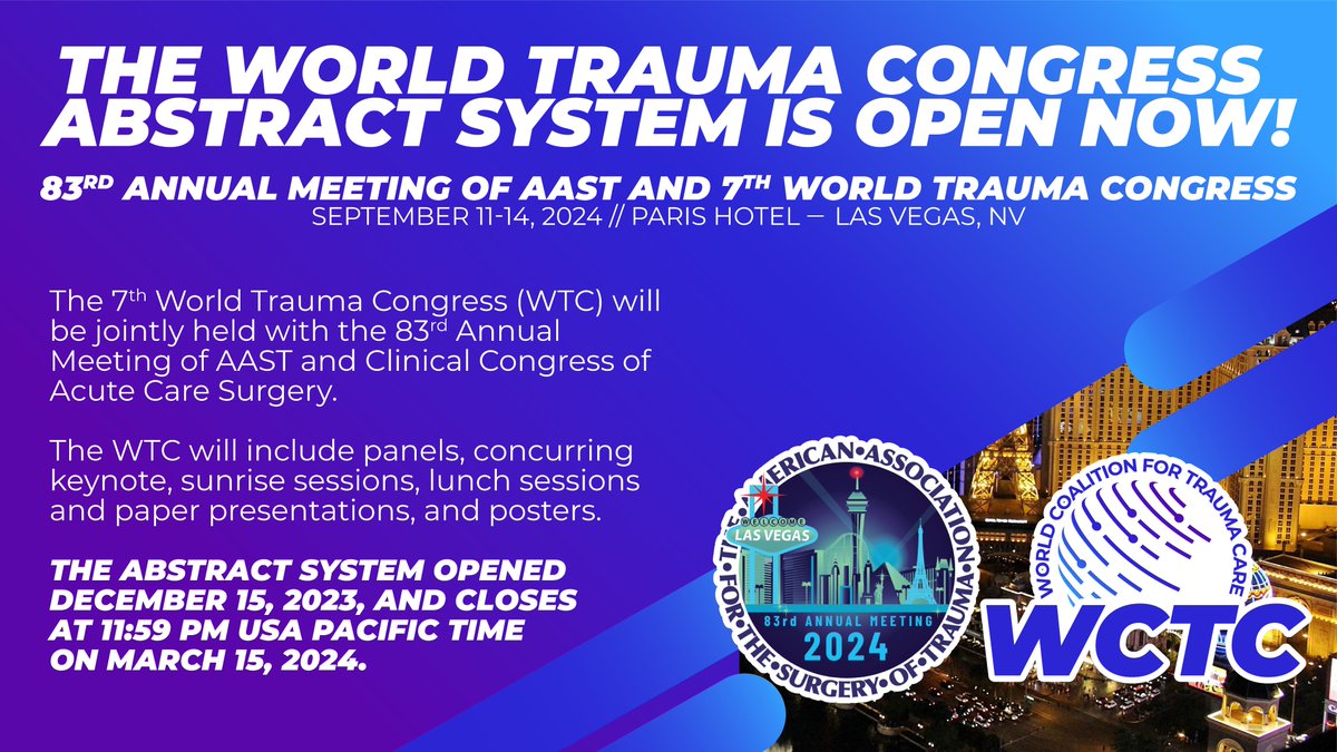 The 7th World Trauma Congress Abstract System is OPEN! Visit: aastscholarships.communityforce.com/Funds/Search.a… to submit. The system closes March 15th