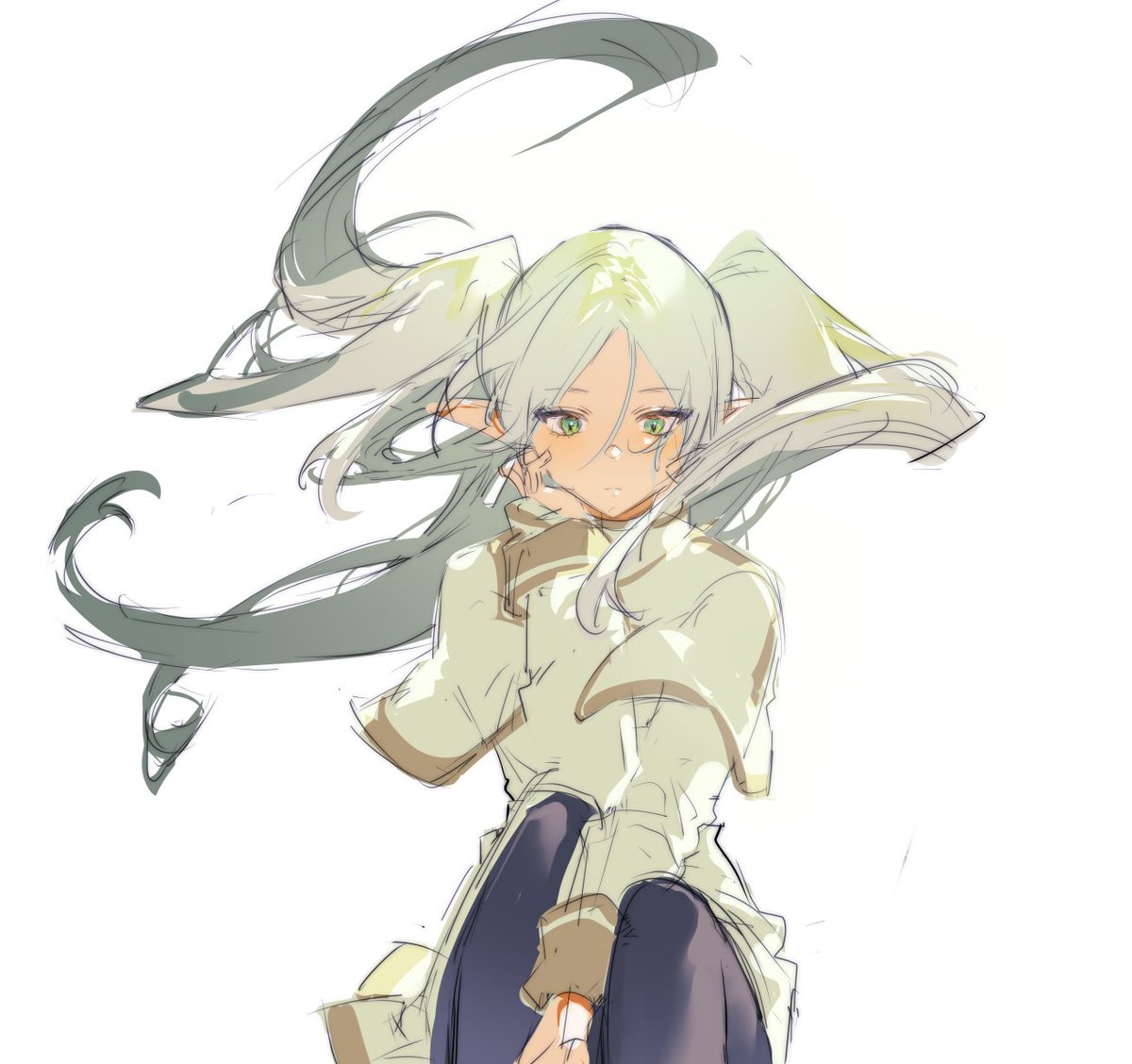 frieren 1girl solo white capelet green eyes white background pointy ears twintails  illustration images