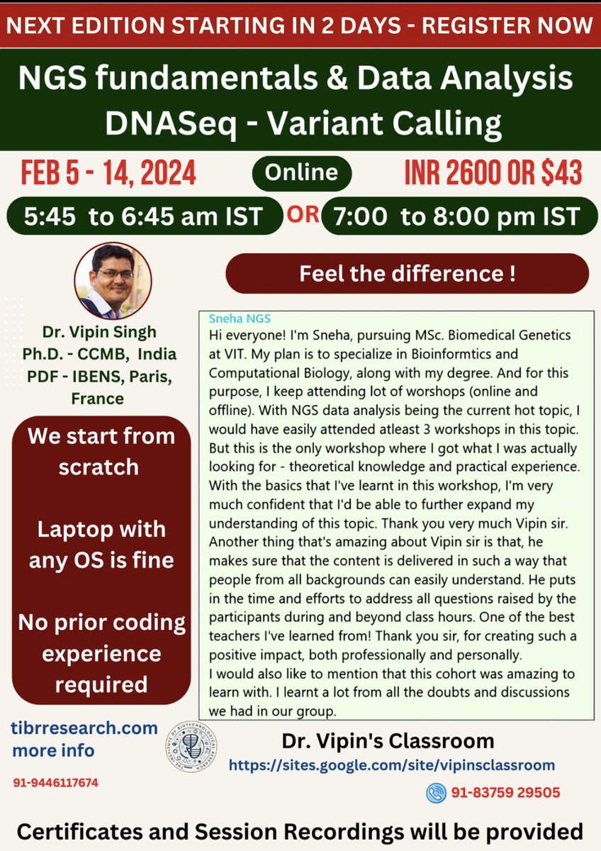 2 Days to start the NGS program. Dont miss this 9 day workshop which could be considered as FDP for API scores.

#NGS_Workshop #DrVipinsWorkshop - For course details, reviews and other courses - lnkd.in/dknk5bvk