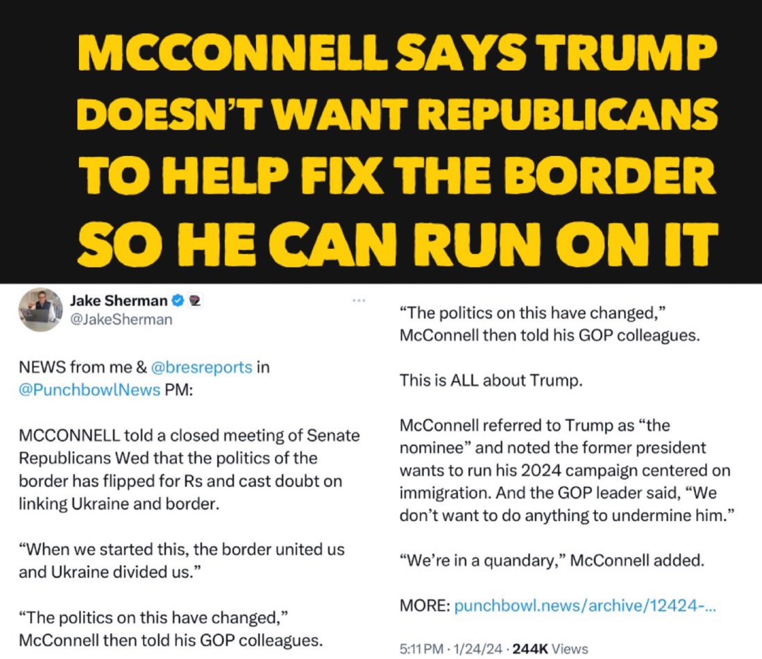 DogsRgrr8's tweet photo. Republican's are cowardly bowing down to the Orange Menace and scrapping the border bill they said was the best deal they'll ever get,
Concrete evidence they aren't the least bit serious about solving the border,
Can't bitch about the booming economy
#DemVoice1
#BorderBS https://t.co/IRIdlZThk6