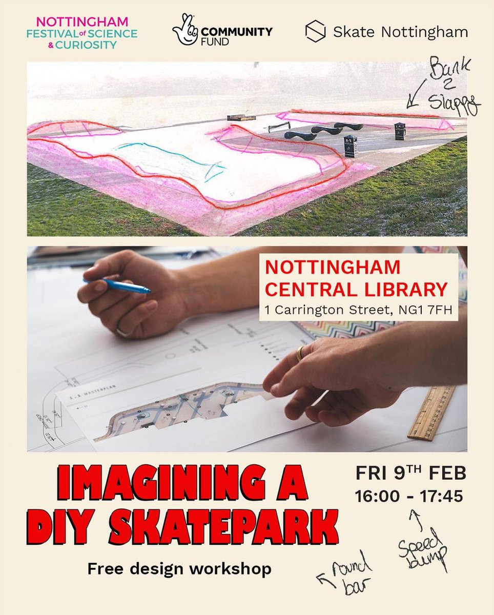 Friday 16:00-17:45 at Nottingham Central Library- join us for a workshop with <a href="/ConcreteJungleF/">Concrete Jungle Foundation</a> 's <a href="/MerelyTom/">Tom</a> to learn about designing skatepark elements that you could actually build in real life! 
Part of @NottsFOSAC 
Free tickets on skatenottingham.co.uk