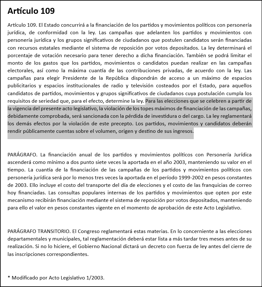 ghitis's tweet photo. ¿Sabe usted lo que es el artículo 109 de la Constitución Política de Colombia?
Es el artículo que deja claro que si se comprueba que una campaña se gastó más dinero del permitido, la sanción es la pérdida de la investidura.
Es por eso que el presidente Gustavo Francisco está asustado pues con los $500 millones de pesos que ya está comprobado que FECODE entregó para la campaña presidencial, se pasan los limites de financiación y quedaría entonces sujeto a que el congreso de la republica invoque el articulo 109 y pierda su cargo, igual suerte correría Francia pues fue elegida gracias a la misma campaña.
Por eso es que Gustavo Francisco está asustado. Por eso es que está hablando de "golpe de estado". Por eso es que sus seguidores dicen que se está tratando de tumbarlo. 
Lo único que se está haciendo al invocar el artículo 109 es pedir que se cumpla con la ley, y eso NO es ilegal. Ilegal es querer ir en contra de la constitución y las leyes.
#CientoNueve