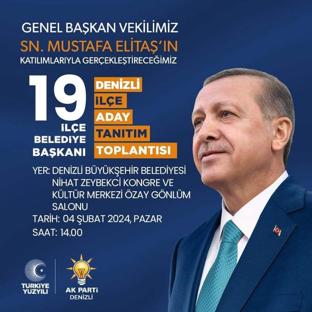 AK Parti Genel Başkanvekilimiz Sn. Mustafa Elitaş’ın teşrifleriyle gerçekleşecek Cumhur İttifakı İlçe Belediye Başkanlarımızın Aday Tanıtım toplantısına tüm hemşehrilerimiz davetlidir.

🗓️ 4 Şubat Pazar 
⏰ 14:00
📍Büyükşehir Belediyesi Nihat Zeybekci Kongre ve Kültür Merkezi