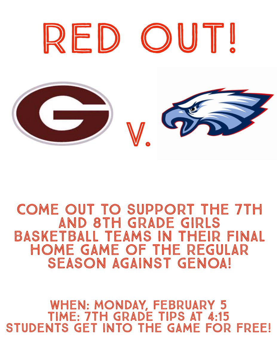 On Monday, our basketball teams are back in action against Genoa with the boys on the road and the girls hosting the Comets!
The girls game will be a red out and Eastwood students will get into the game for free! Come on out and support the Lady Eagles in their last home game!