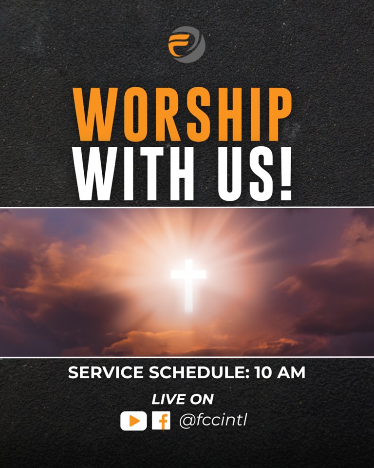 FCCIntl1's tweet photo. Come and join us this Sunday as we celebrate the goodness of God! Bring a friend along. See you there!
#FCCINation #SameDayFaith #Sunday #Worship #Invite #Praise #Church https://t.co/KWv3aPFDLt