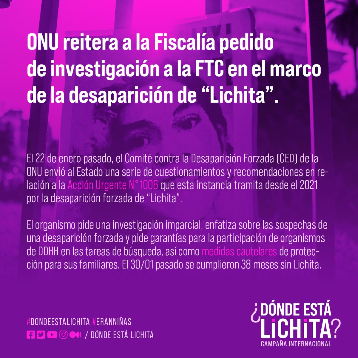 dondestalichita's tweet photo. 🚨 Naciones Unidas lleva adelante una Acción Urgente por la desaparición forzada de Lichita. El 22 de enero pasado, envió al Estado una serie de cuestionamientos y recomendaciones que te las resumimos en este hilo.

🧶 #DóndeEstáLichita https://t.co/Irp0DPl4i2