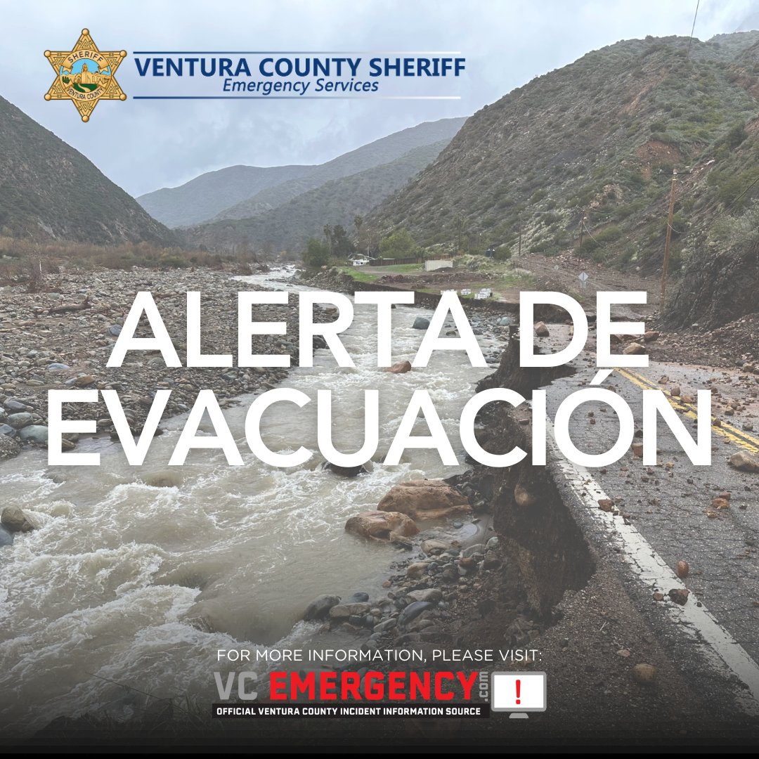 VENTURASHERIFF's tweet image. @CountyVentura Advertencias y órdenes de evacuación emitidas a
áreas del condado de Ventura debido a las fuertes lluvias. Visita
vcemergency.com.
@VCFD_PIO 
#VCSheriff #VCOES