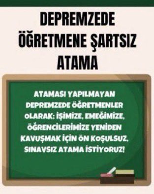 <a href="/RTErdogan/">Recep Tayyip Erdoğan</a> #deprem #Hatay #DepremzedeÖğretmeneŞartsızAtama  İŞSİZLİKTEN ÖLMEDEN KAMU İSTİHDAMI İSTİYORUZ. HERŞEYINI KAYBETMİŞ İNSANLAR İÇİN BU BİR  MECBURİYET. ATAMASI OLMAMIŞ DEPREMZEDE ÖĞRETMEN PERİŞAN
#DepremiUnutmaUnutturma 
 <a href="/Yusuf__Tekin/">Yusuf Tekin</a> <a href="/HuseyinYayman/">Hüseyin Yayman🇹🇷</a> <a href="/ademyesildal/">Adem Yeşildal.🇹🇷</a>