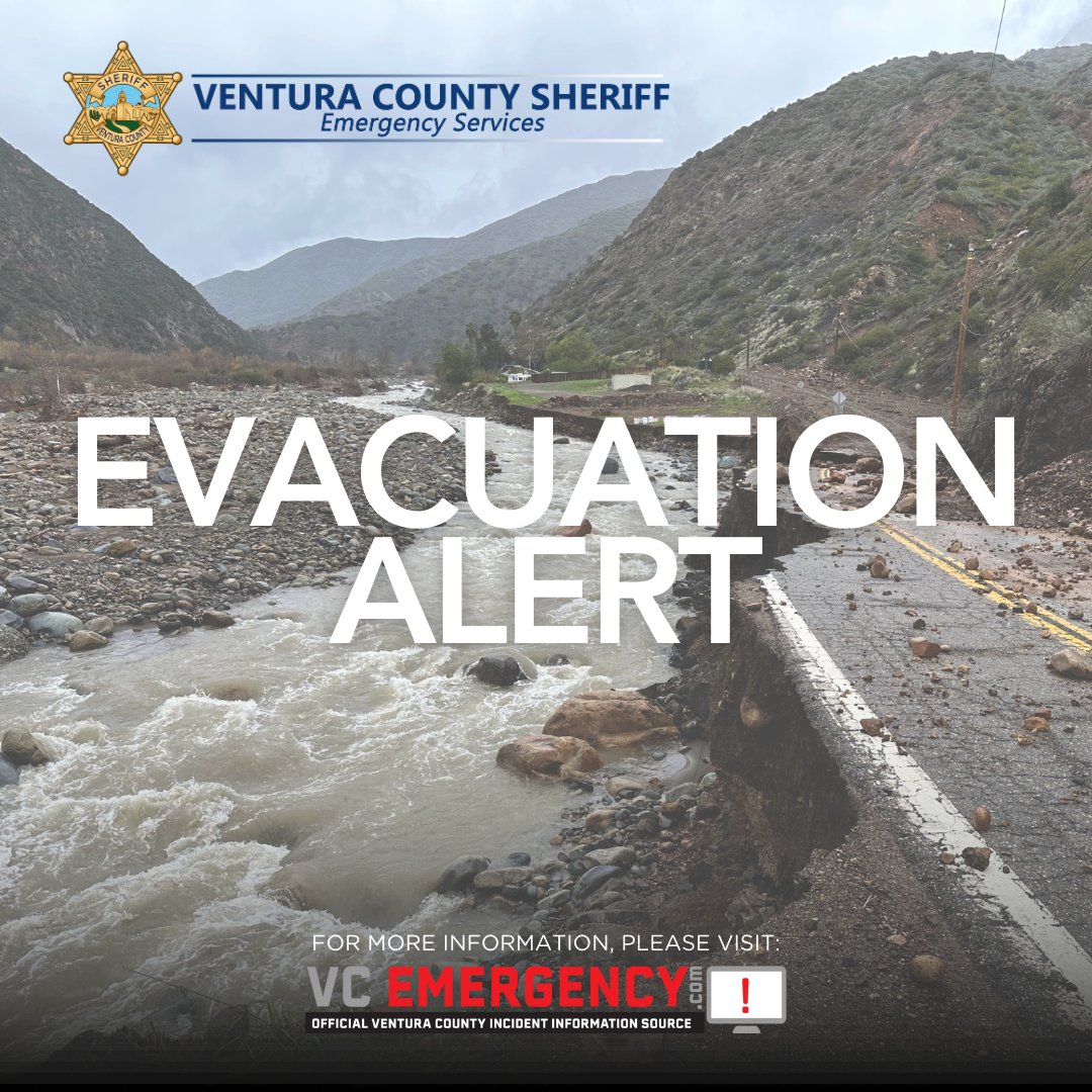 VENTURASHERIFF's tweet image. @CountyVentura Evacuation Warnings and Orders issued to
areas of Ventura County due to anticipated heavy rain. Visit vcemergency.com. 
@VCFD_PIO 
#VCSheriff #VCOES