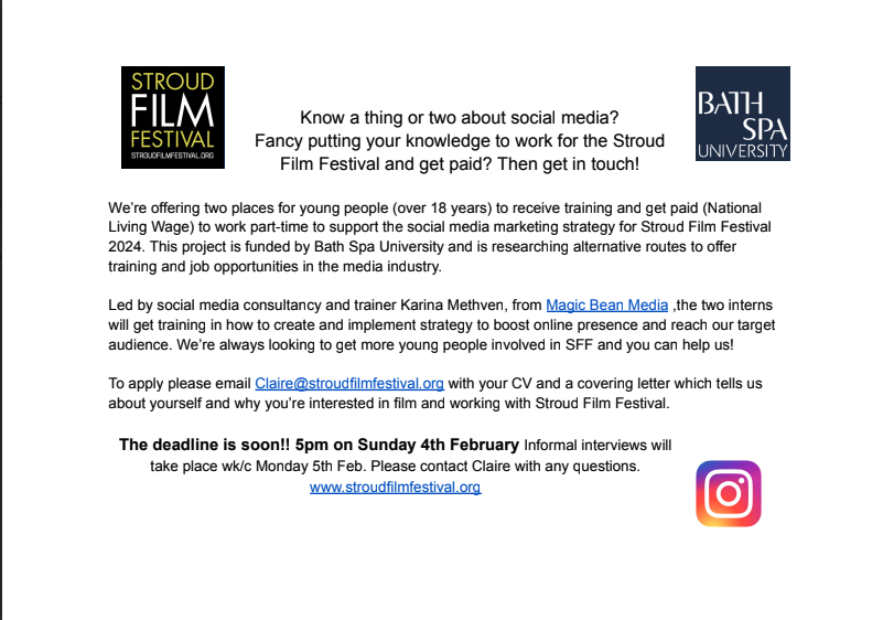 Film lovers! We’re looking for two paid interns to help us with our social media strategy! Open to over 18s, training and paid work are on offer. Deadline is this Sunday 4th Feb! See the flyer for deets. #SFF24 #internships #socialmediamarketing #socialmediajobs