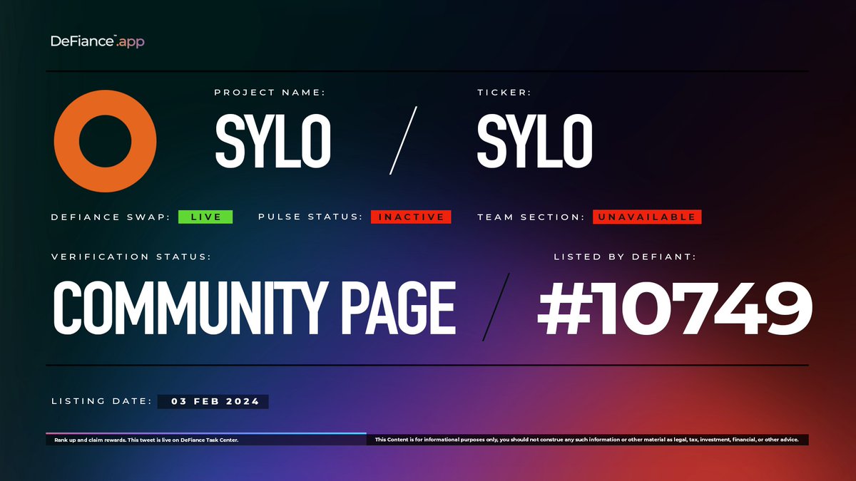 .@sylo community page is now live on DeFiance.app/project/Sylo. $SYLO is now listed on #DeFianceSwap. Sylo is an infrastructure layer for data, powering interoperability for assets and users throughout the open metaverse. Learn more at: users.DeFiance.app. #Sylo…